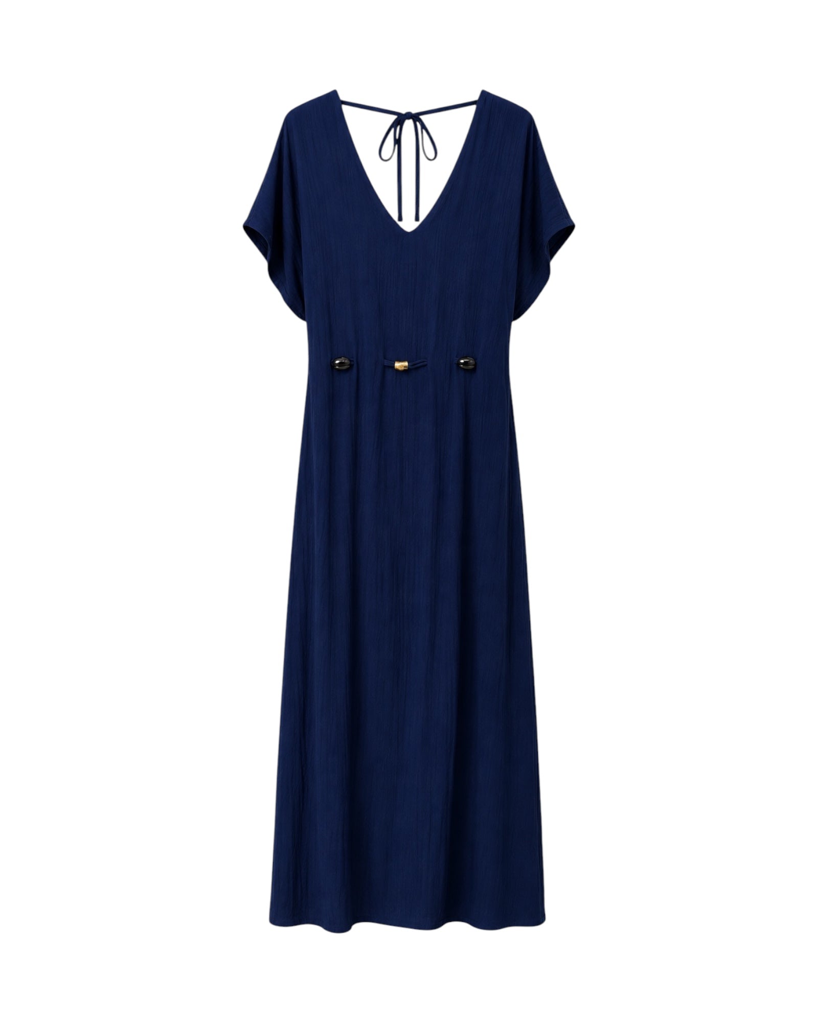 Vestido Alma largo en color azul marino con cintura ajustable y escote en pico.