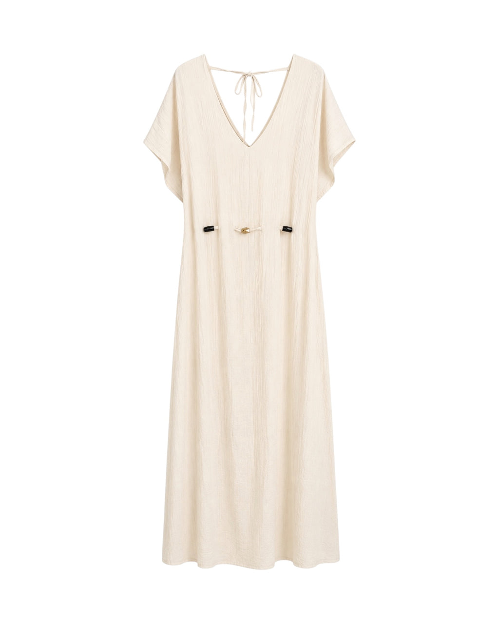 Vestido Alma largo en color crudo con escote en pico, manga amplia y cintura ajustable.