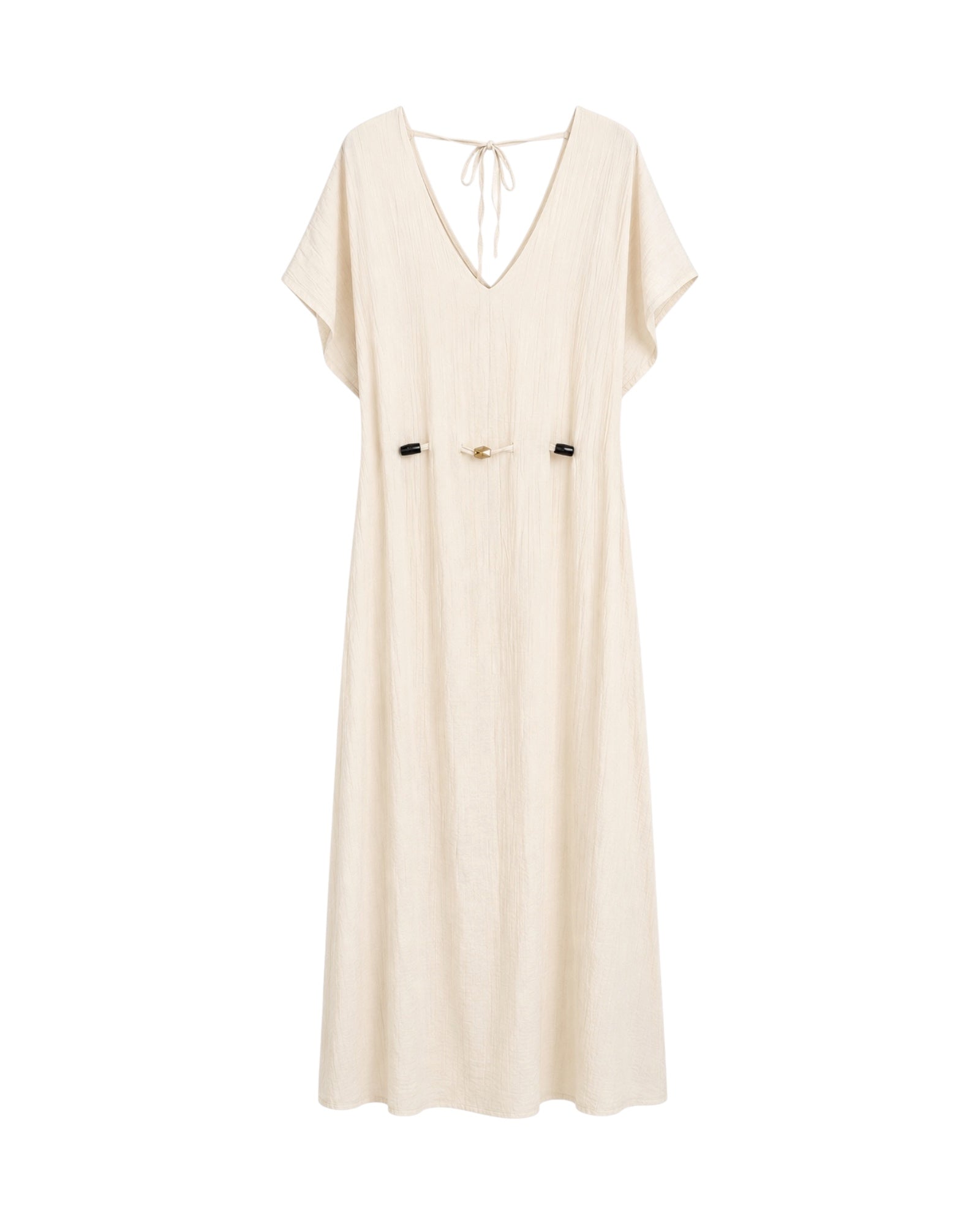 Vestido Alma largo en color crudo con escote en pico, manga amplia y cintura ajustable.