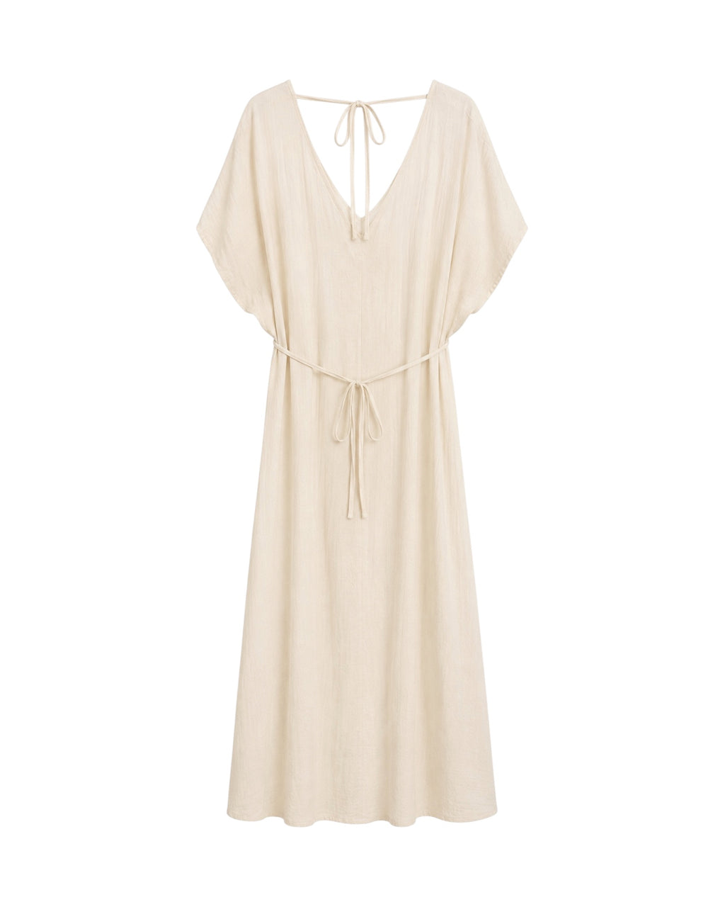 Parte trasera del Vestido Alma en color crudo con escote en pico y lazada en la espalda.