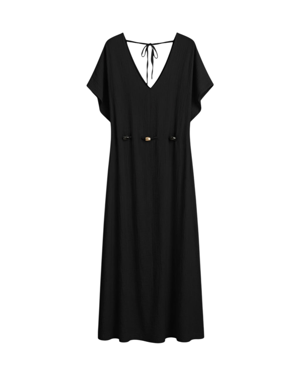 Vestido Alma largo en color negro con escote en pico y cintura ajustable.