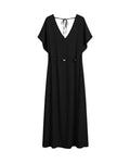 Vestido Alma largo en color negro con escote en pico y cintura ajustable.