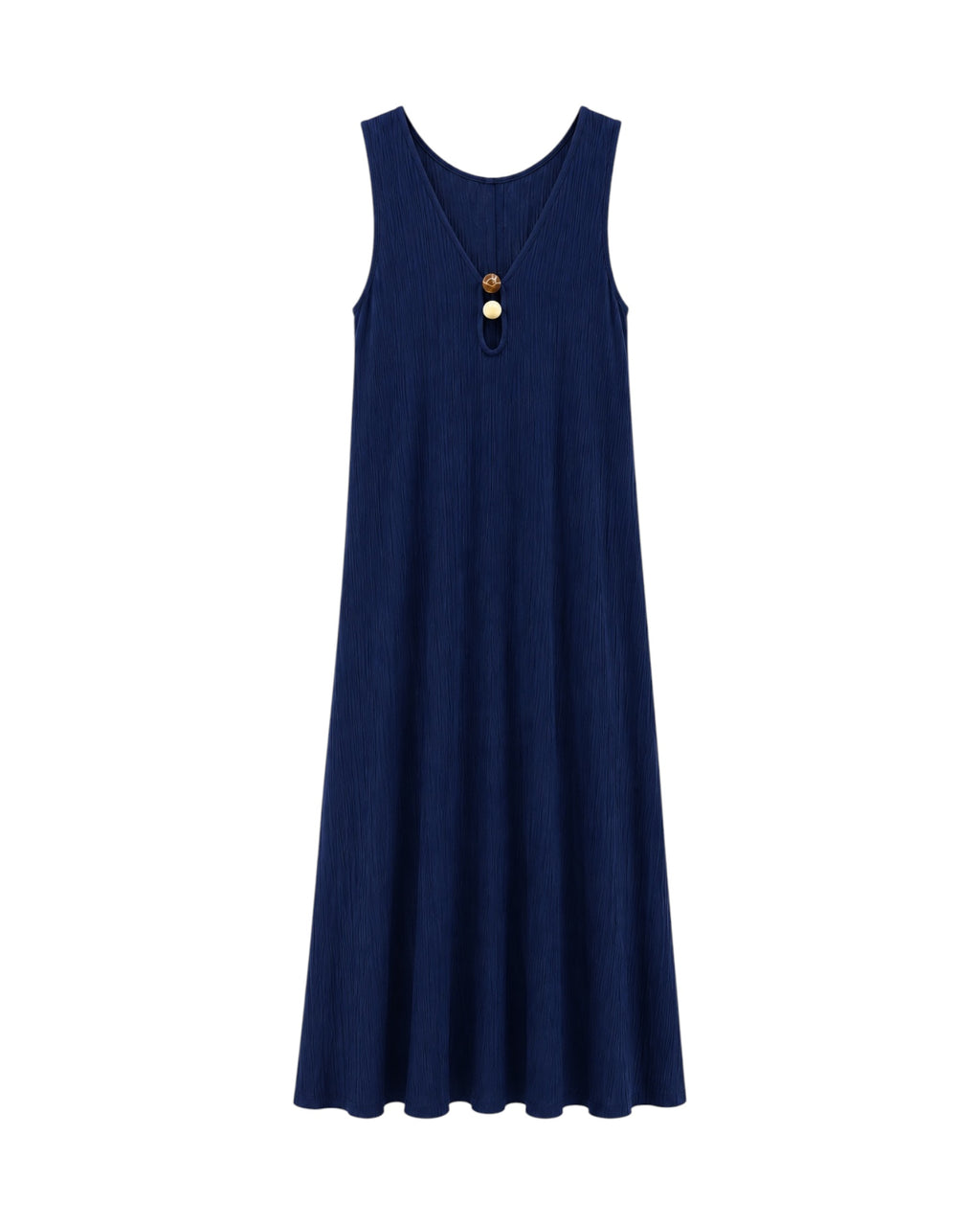 Vestido Noa azul marino largo con escote en pico y botones decorativos.