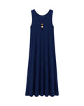 Vestido Noa azul marino largo con escote en pico y botones decorativos.