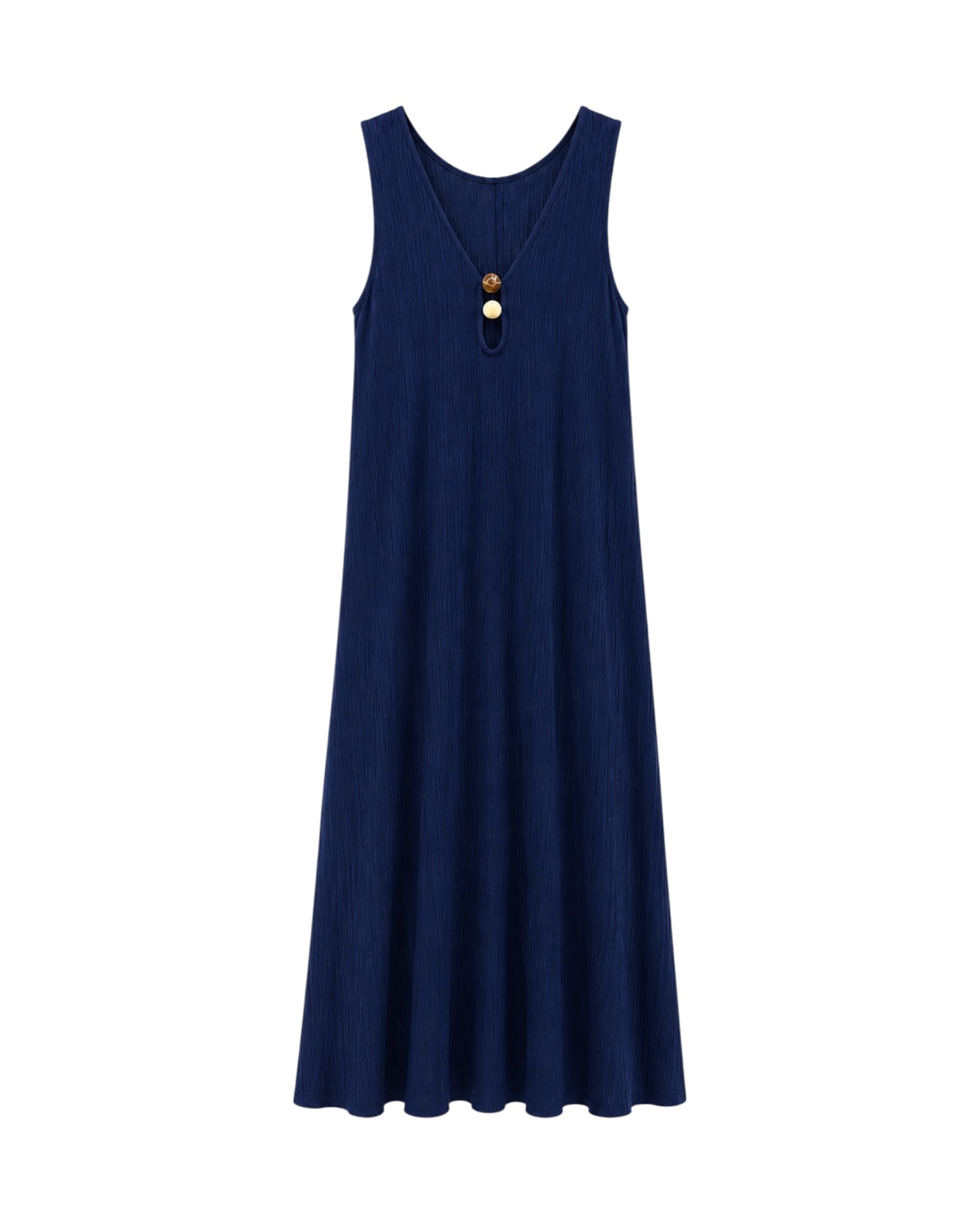 Vestido Noa azul marino largo con escote en pico y botones decorativos.