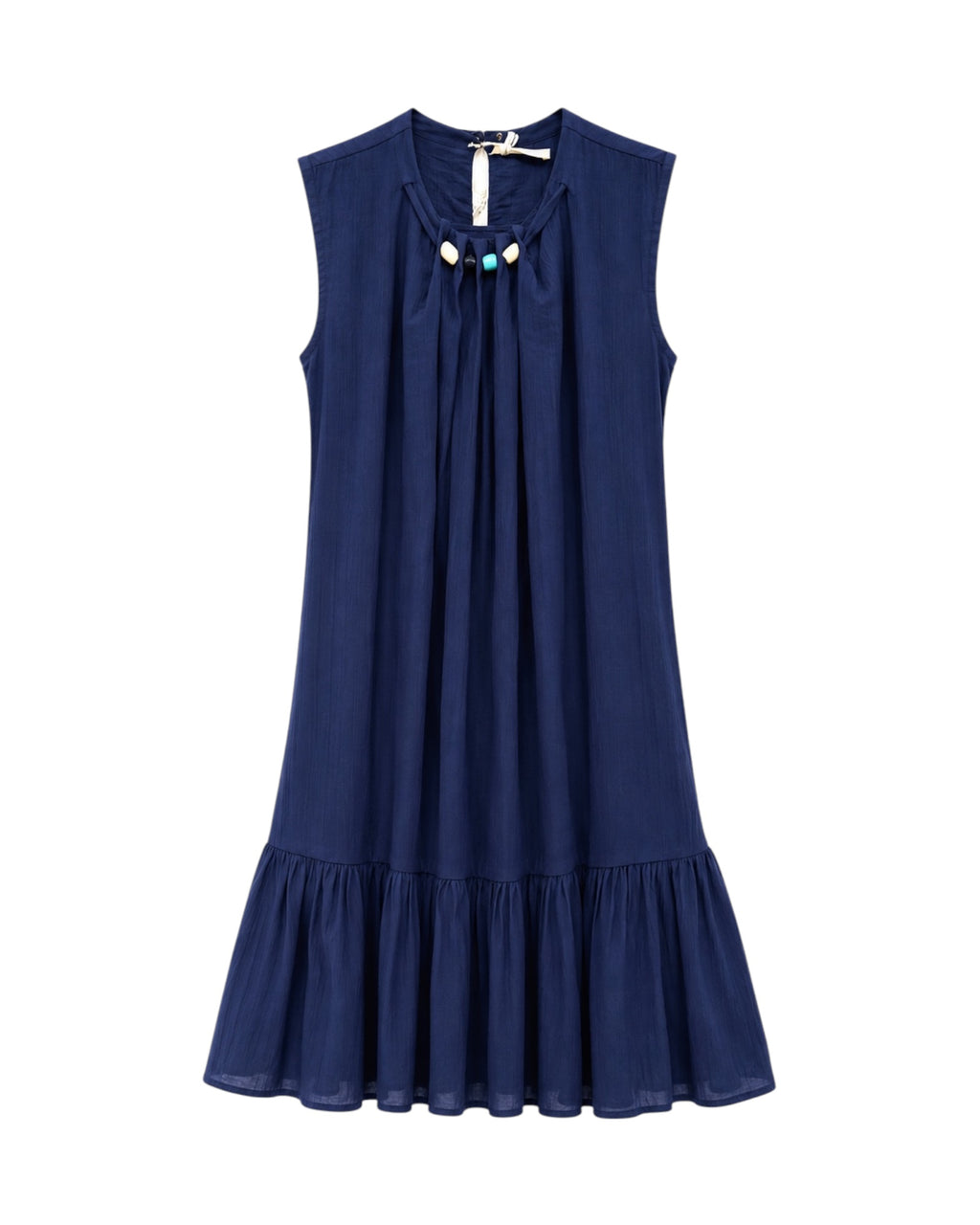 Vestido Lía azul marino de corte fluido con lazada y abalorios decorativos.