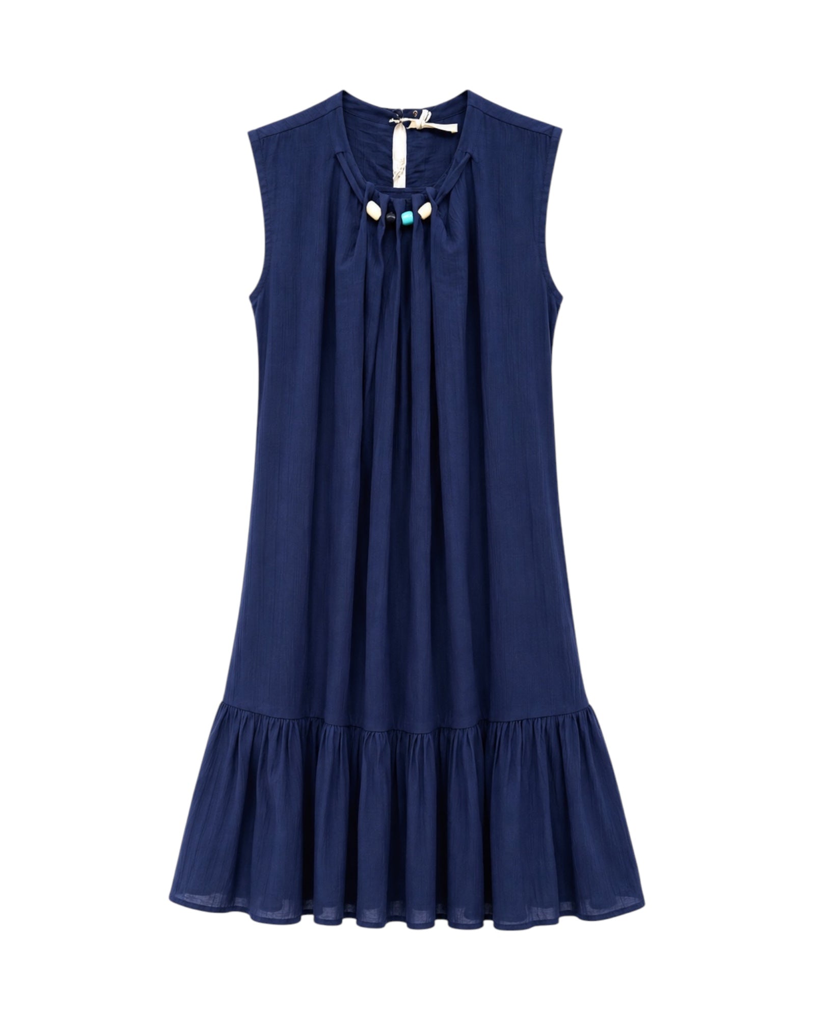 Vestido Lía azul marino de corte fluido con lazada y abalorios decorativos.