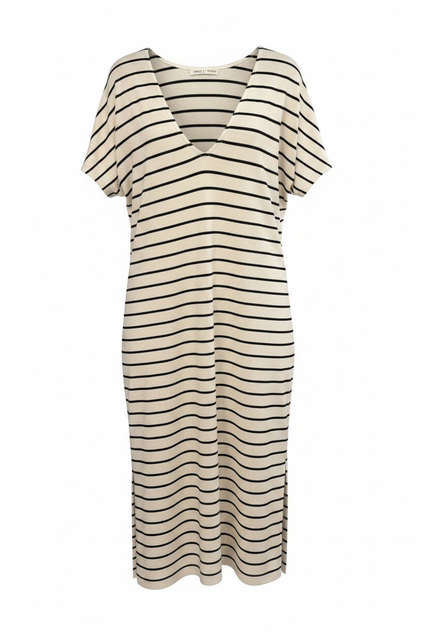 Vestido Marin Vila largo de rayas beige y negro con cuello pico frontal
