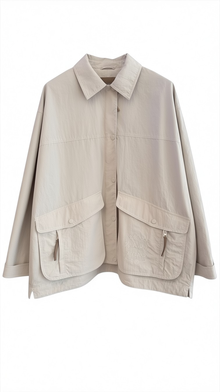 chaqueta oversize beige mujer estilo utilitario con bordado en bolsillo
