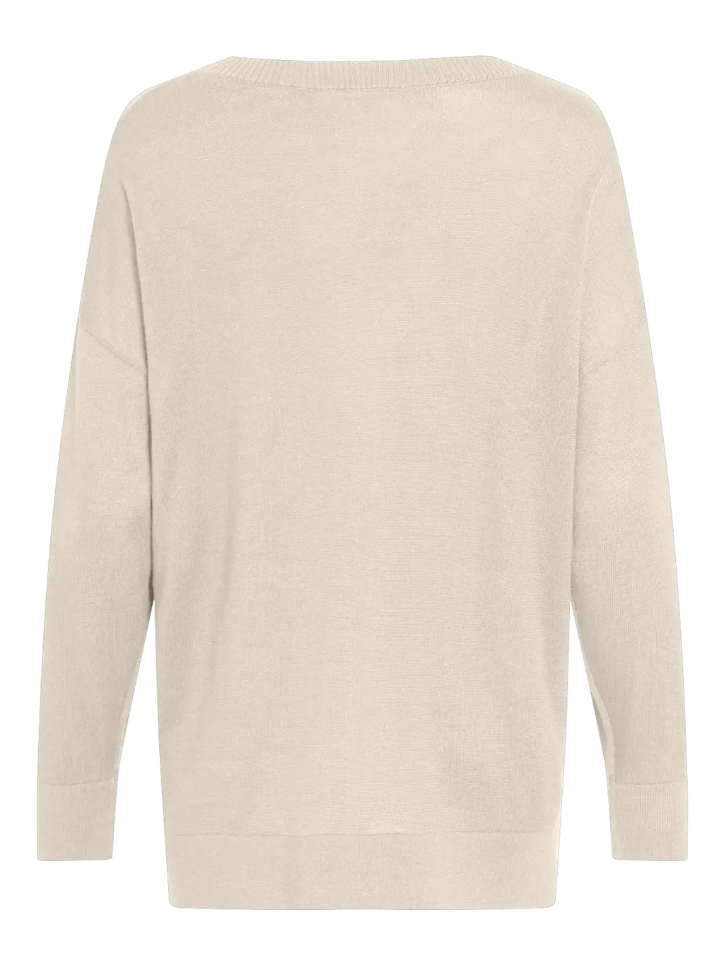 Vista trasera de jersey de punto color crudo para mujer con corte holgado, hombros caídos, manga larga y bajo ancho