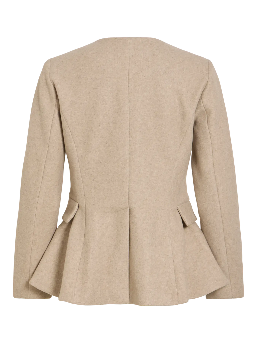 Trasero Chaqueta de paño Zikka beige de VILA detalle efecto peplum bolsillos tapete laterales sin cuello manga larga 