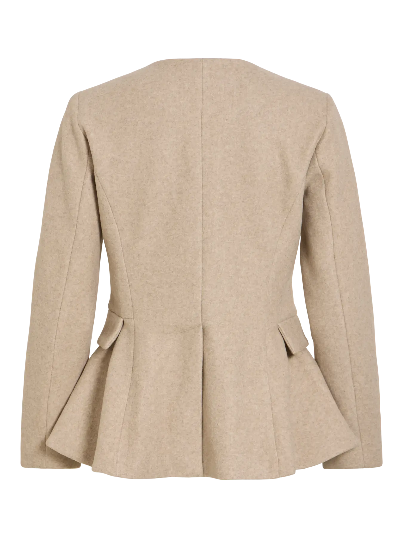 Trasero Chaqueta de paño Zikka beige de VILA detalle efecto peplum bolsillos tapete laterales sin cuello manga larga 
