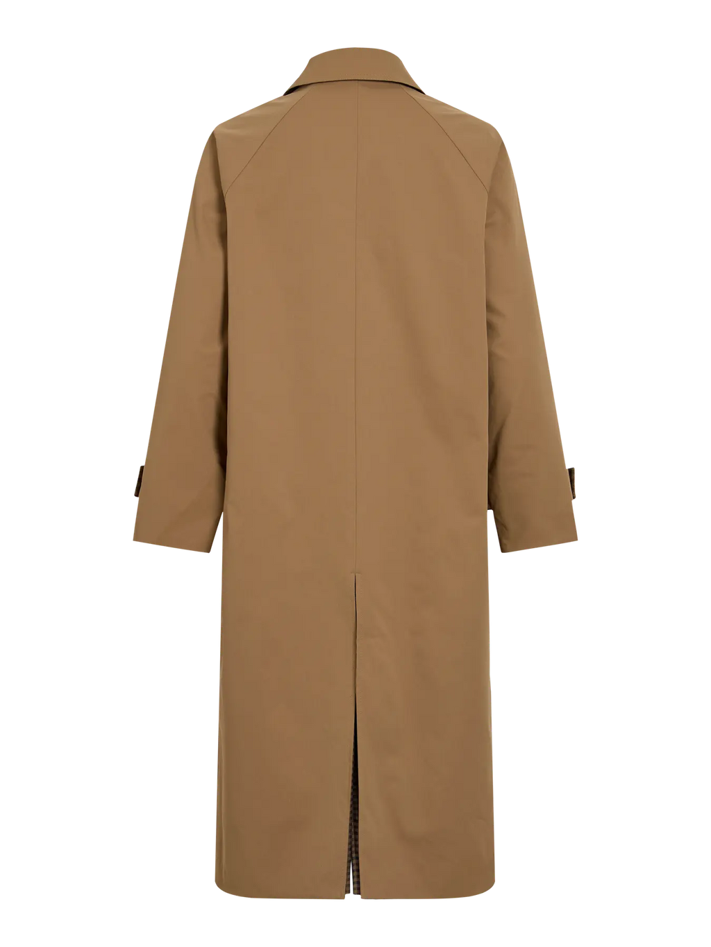 Vista trasera Trenh gabardina larga camel de vila con abertura central trasera y trabilla en mangas cuello simple