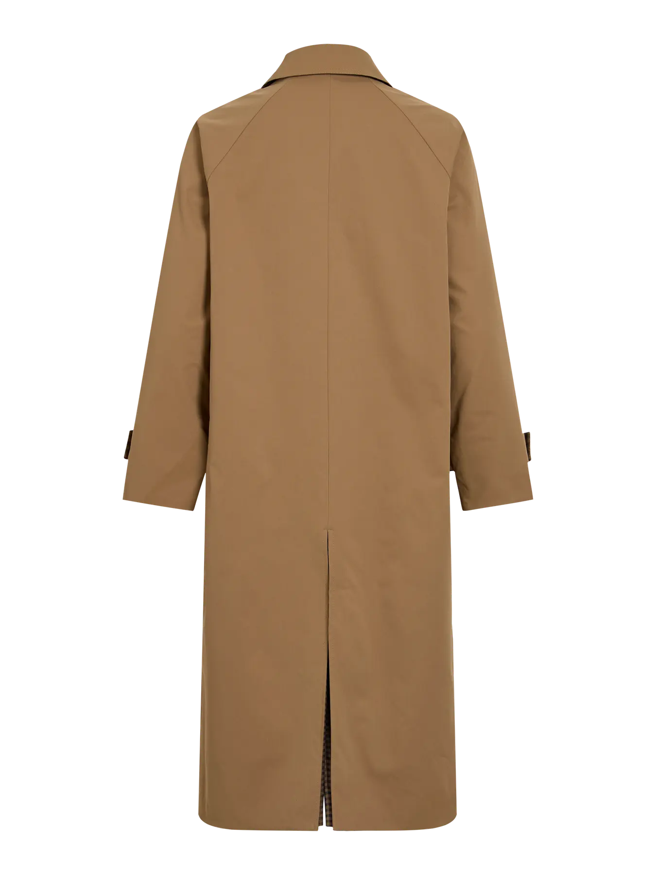 Vista trasera Trenh gabardina larga camel de vila con abertura central trasera y trabilla en mangas cuello simple