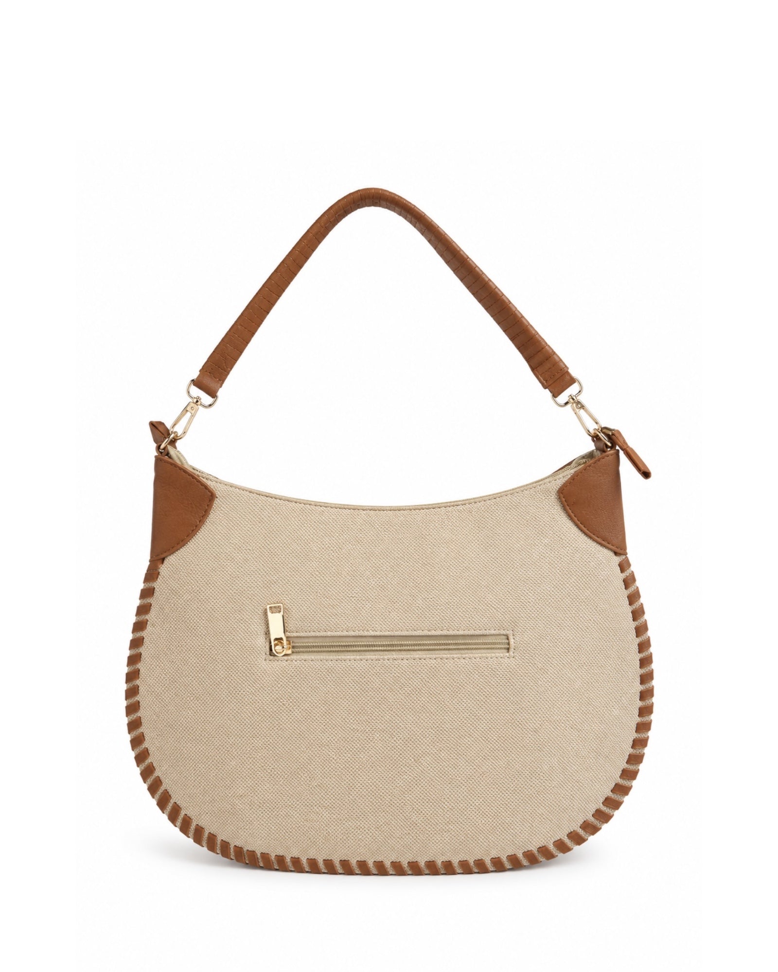 Parte trasera del bolso Moon de lona color beige con detalles efecto piel y bolsillo exterior con cremallera.