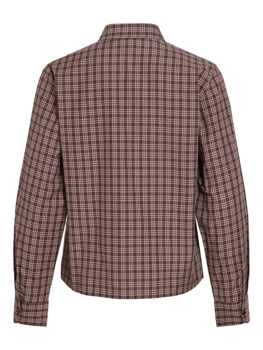 Vista trasera de camisa de cuadros marrón para mujer VILA de manga larga con estampado de líneas claras y bajo ligeramente redondeado
