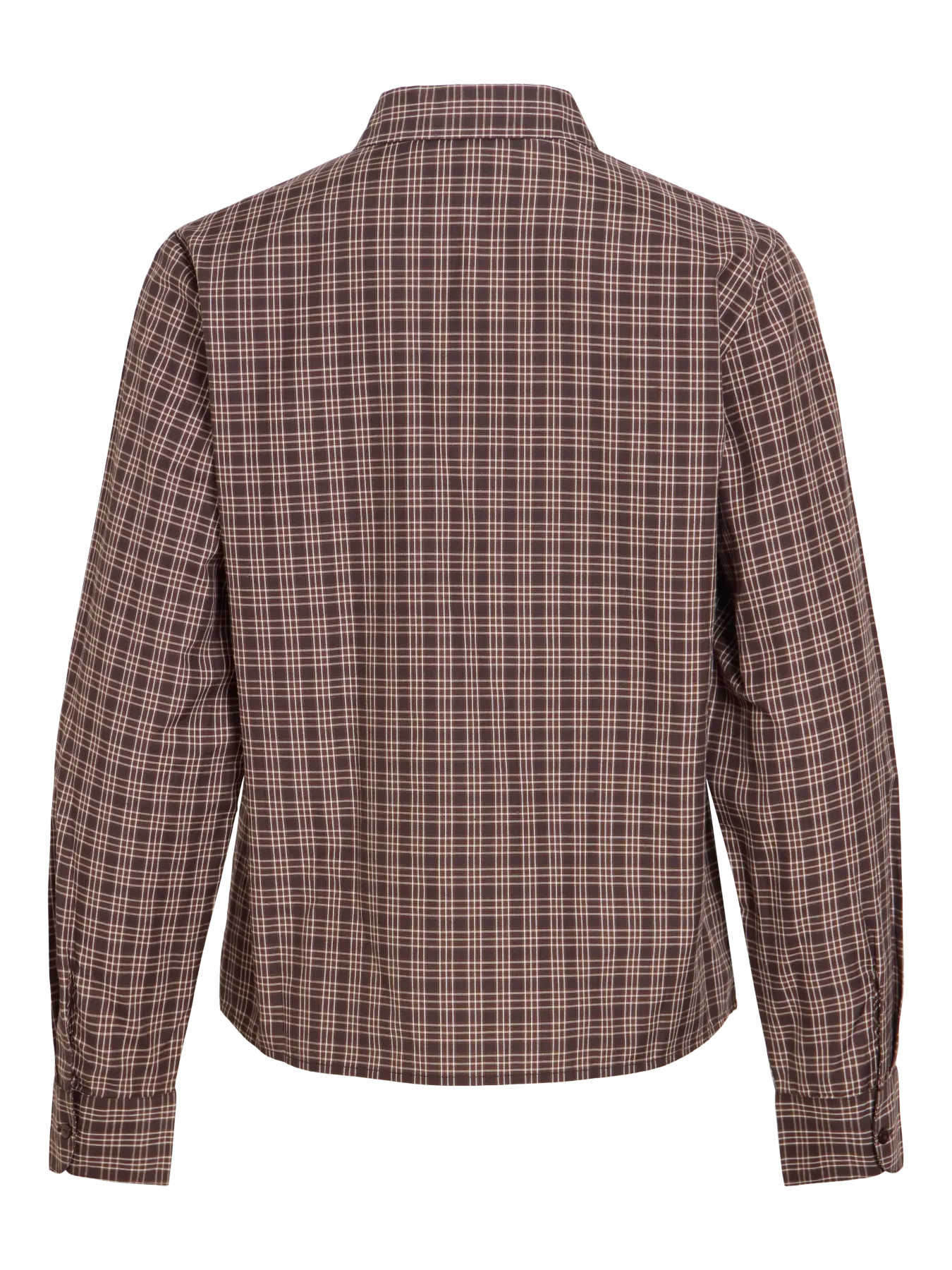 Vista trasera de camisa de cuadros marrón para mujer VILA de manga larga con estampado de líneas claras y bajo ligeramente redondeado

