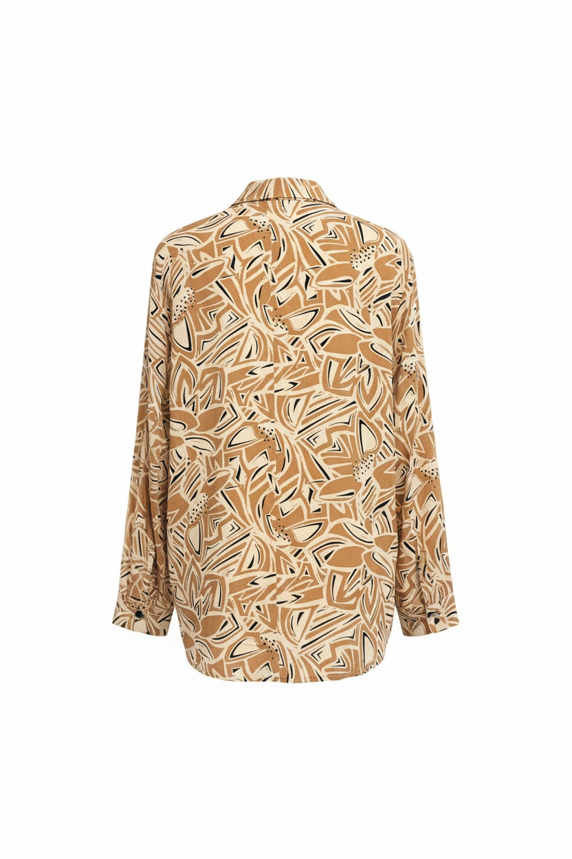 vista trasera Camisa Nómada Lola Espeleta estampada tonos tierra mujer Cotton Grey Piedras Blancas Asturias