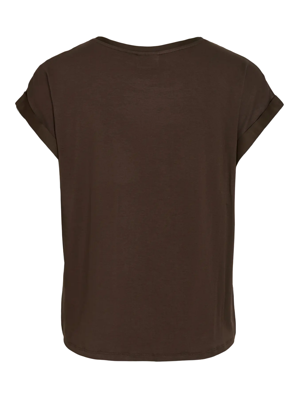 foto de producto vista desde atrás modelo Camiseta ViEllette VILA satinada marron chocolate de manga corta y corte fluido dobladillo en manga