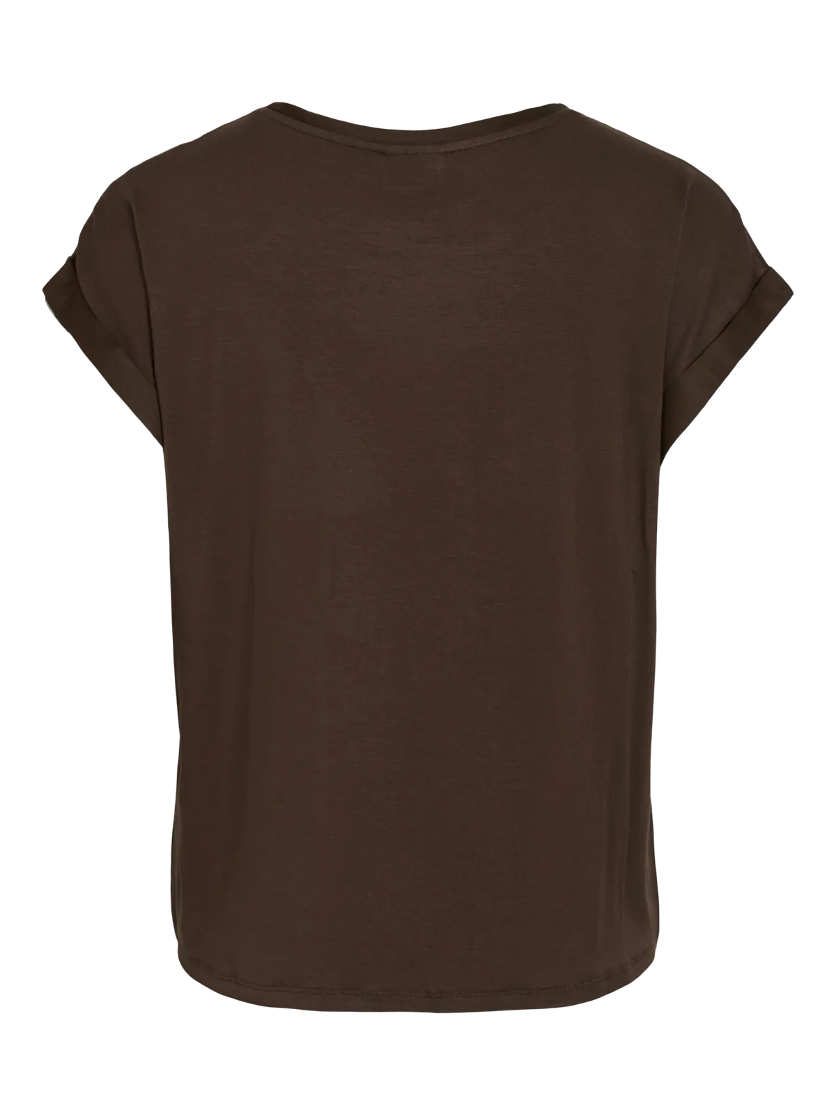 foto de producto vista desde atrás modelo Camiseta ViEllette VILA satinada marron chocolate de manga corta y corte fluido dobladillo en manga