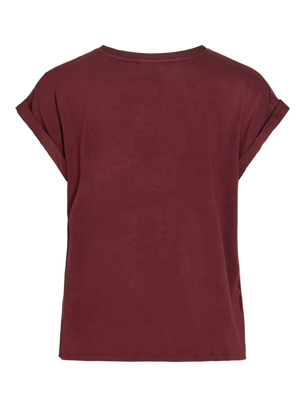 vista trasera foto de producto Camiseta ViEllette VILA satinada granate de manga corta y corte fluido dobladillo en manga