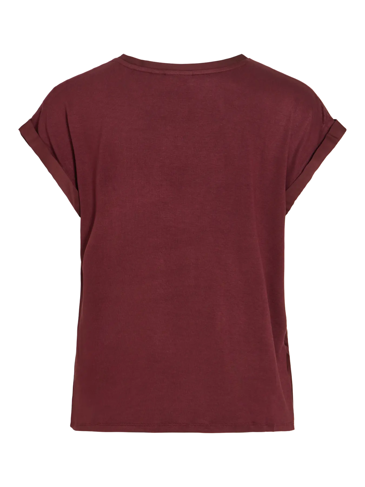 vista trasera foto de producto Camiseta ViEllette VILA satinada granate de manga corta y corte fluido dobladillo en manga