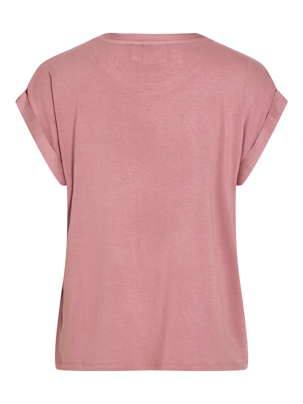 Vista trasera modelo Camiseta ViEllette VILA satinada rosa de manga corta y corte fluido dobladillo en manga