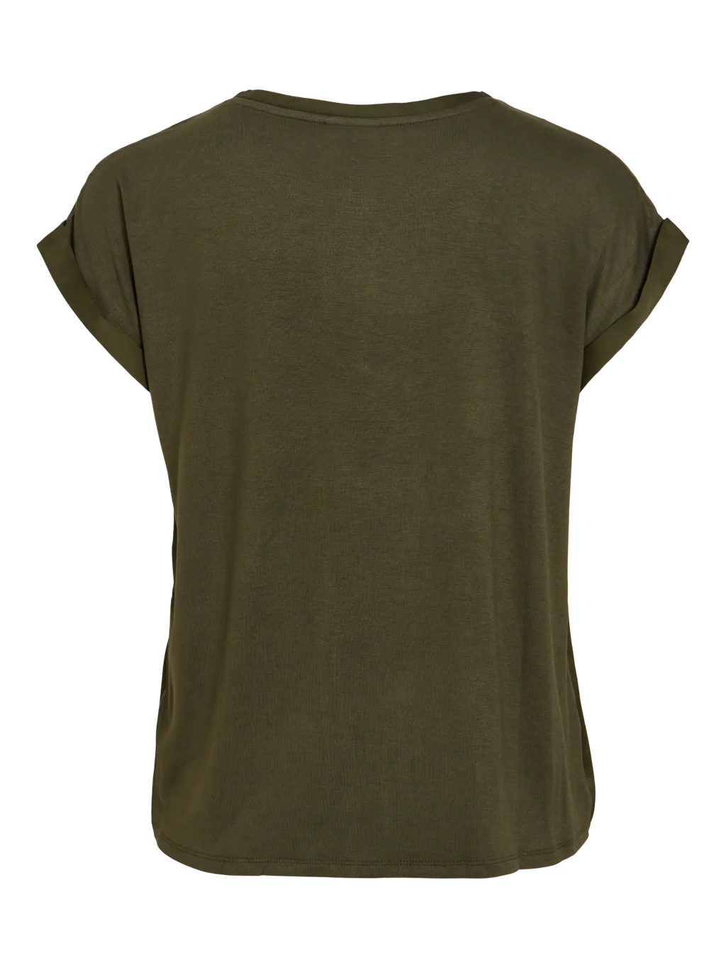 vista trasera foto de producto Camiseta ViEllette VILA satinada verde kaki de manga corta y corte fluido dobladillo en manga