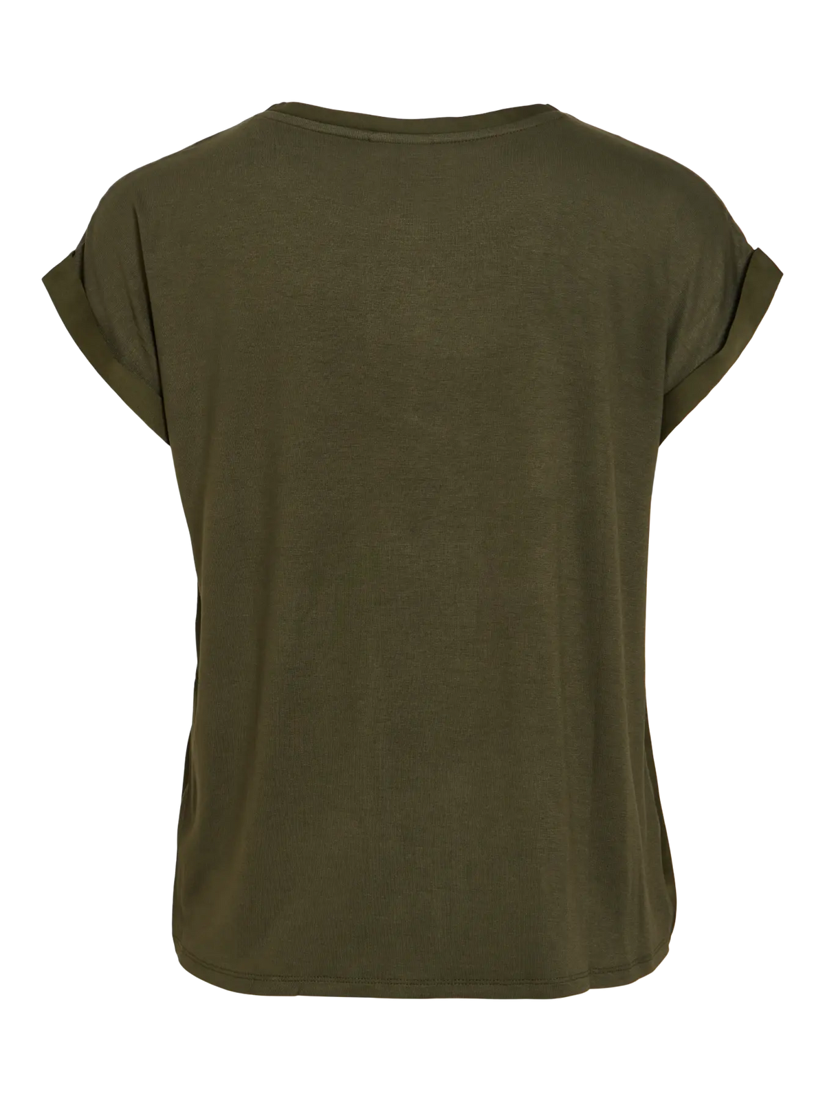 vista trasera foto de producto Camiseta ViEllette VILA satinada verde kaki de manga corta y corte fluido dobladillo en manga