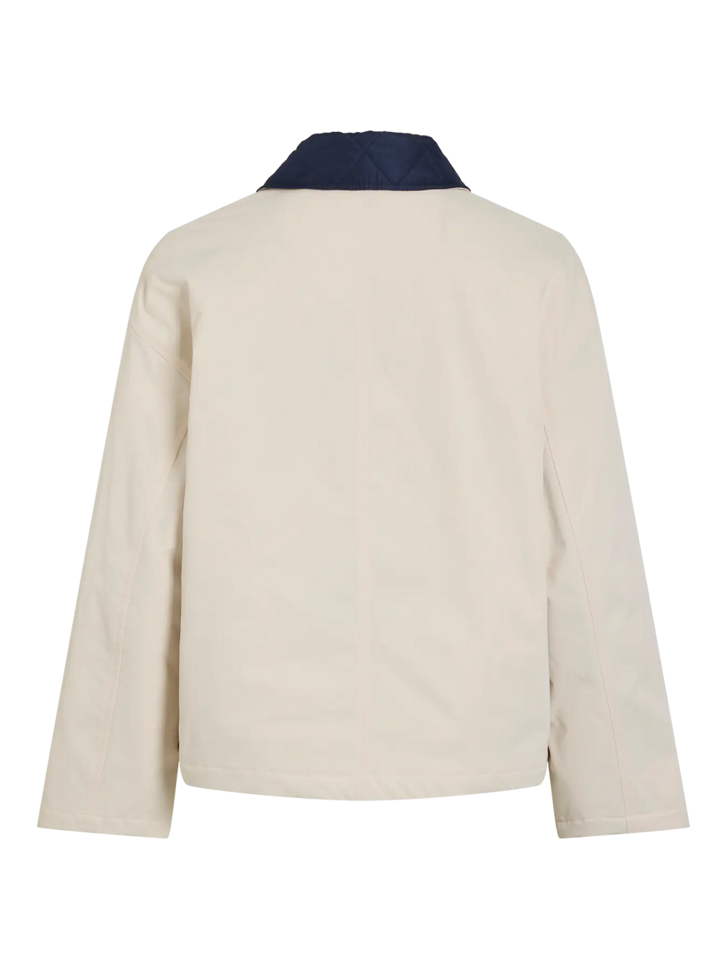 Vista trasera de chaqueta de campo beige para mujer de corte recto con manga larga y cuello acolchado azul marino a contraste
