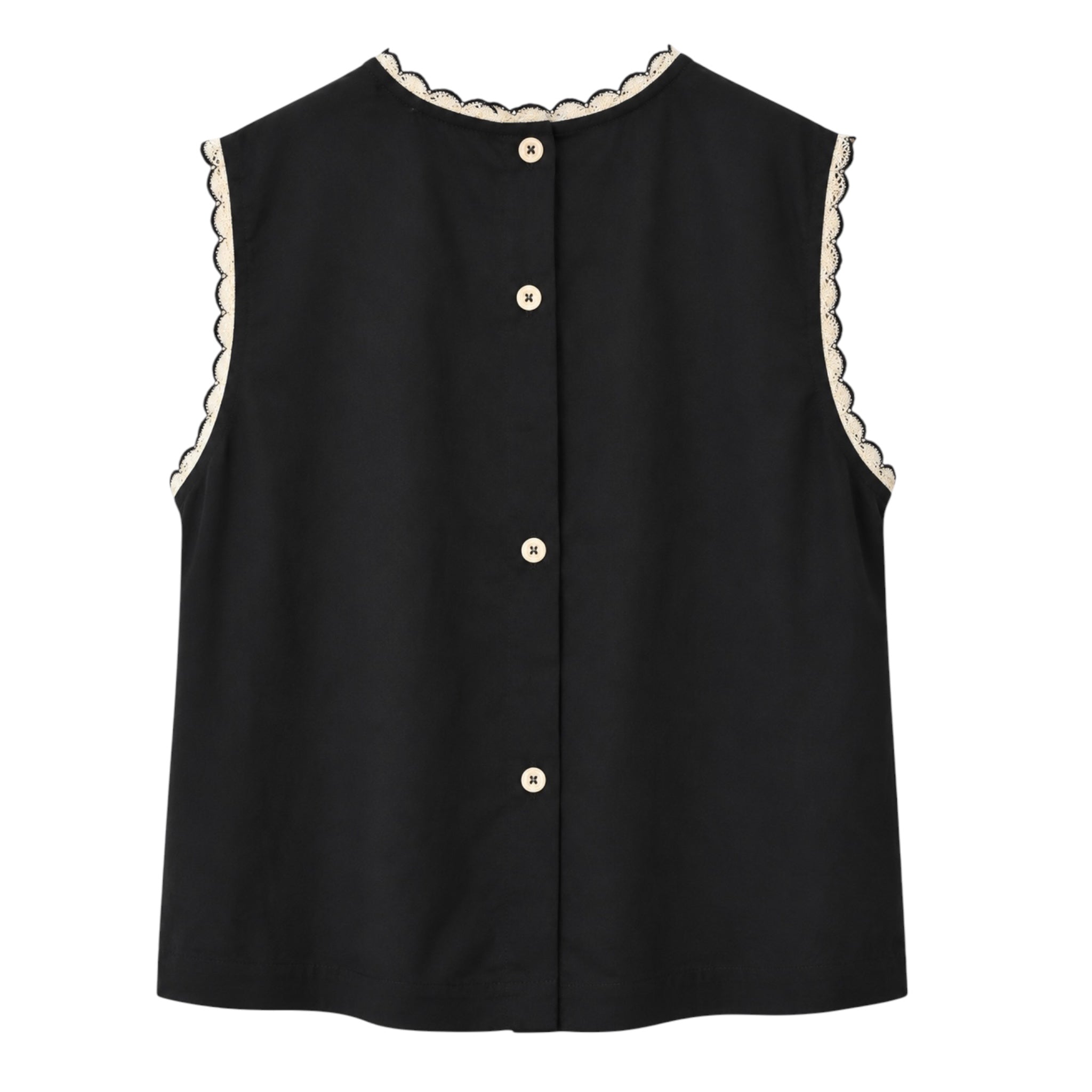 top sin mangas con detalle crochet blanco en cuello y sisas  con botones trasros