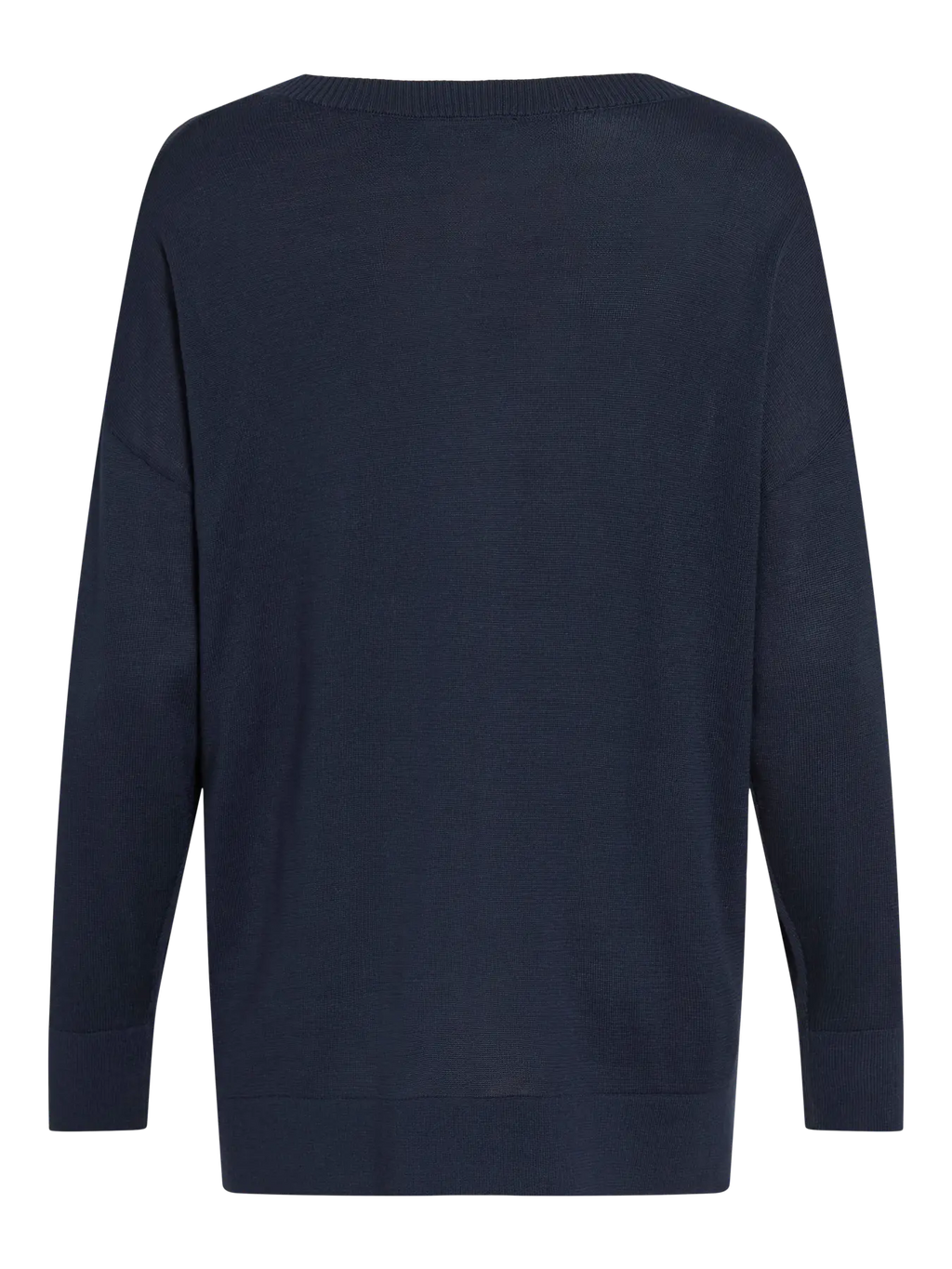 Vista trasera de jersey de punto azul marino para mujer de corte amplio, hombros caídos, manga larga y acabado liso