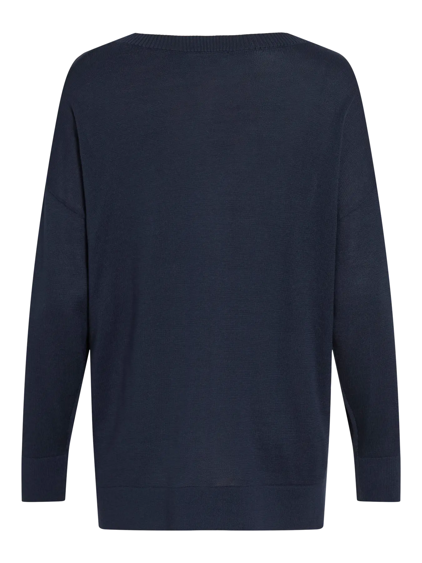 Vista trasera de jersey de punto azul marino para mujer de corte amplio, hombros caídos, manga larga y acabado liso