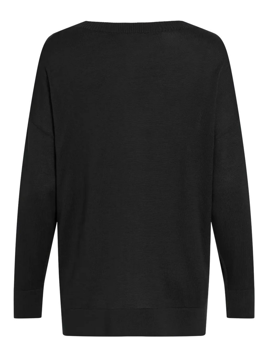 Vista trasera de jersey de punto negro para mujer de corte oversize, hombros caídos, manga larga y diseño liso