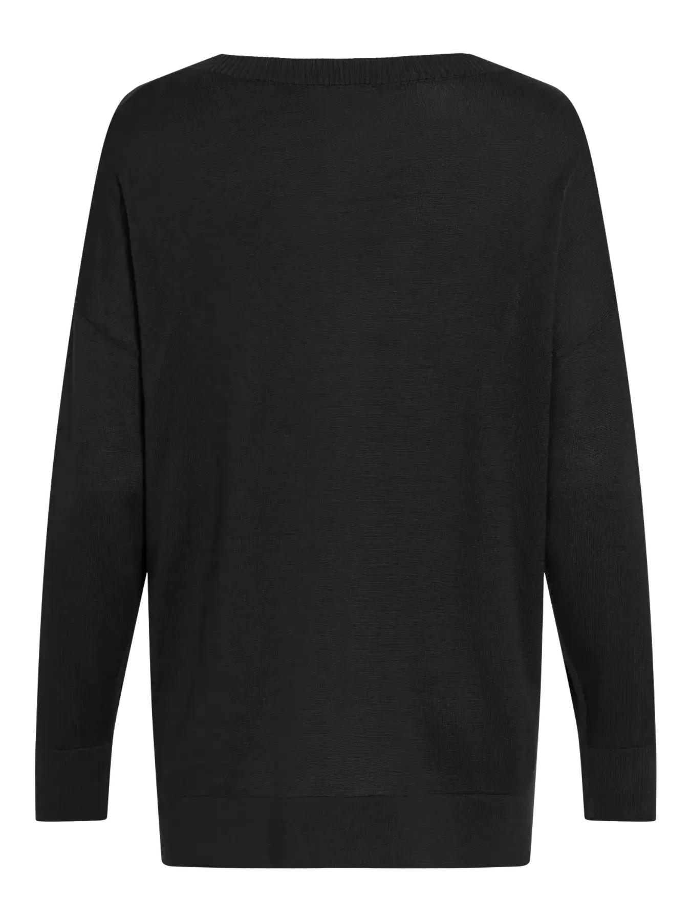 Vista trasera de jersey de punto negro para mujer de corte oversize, hombros caídos, manga larga y diseño liso
