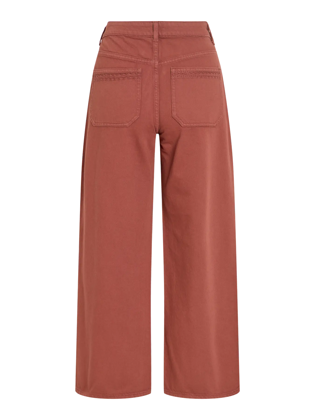 Pantalón vaquero teja de mujer Vila de tiro alto y pierna ancha, vista trasera con bolsillos de parche y costuras decorativas