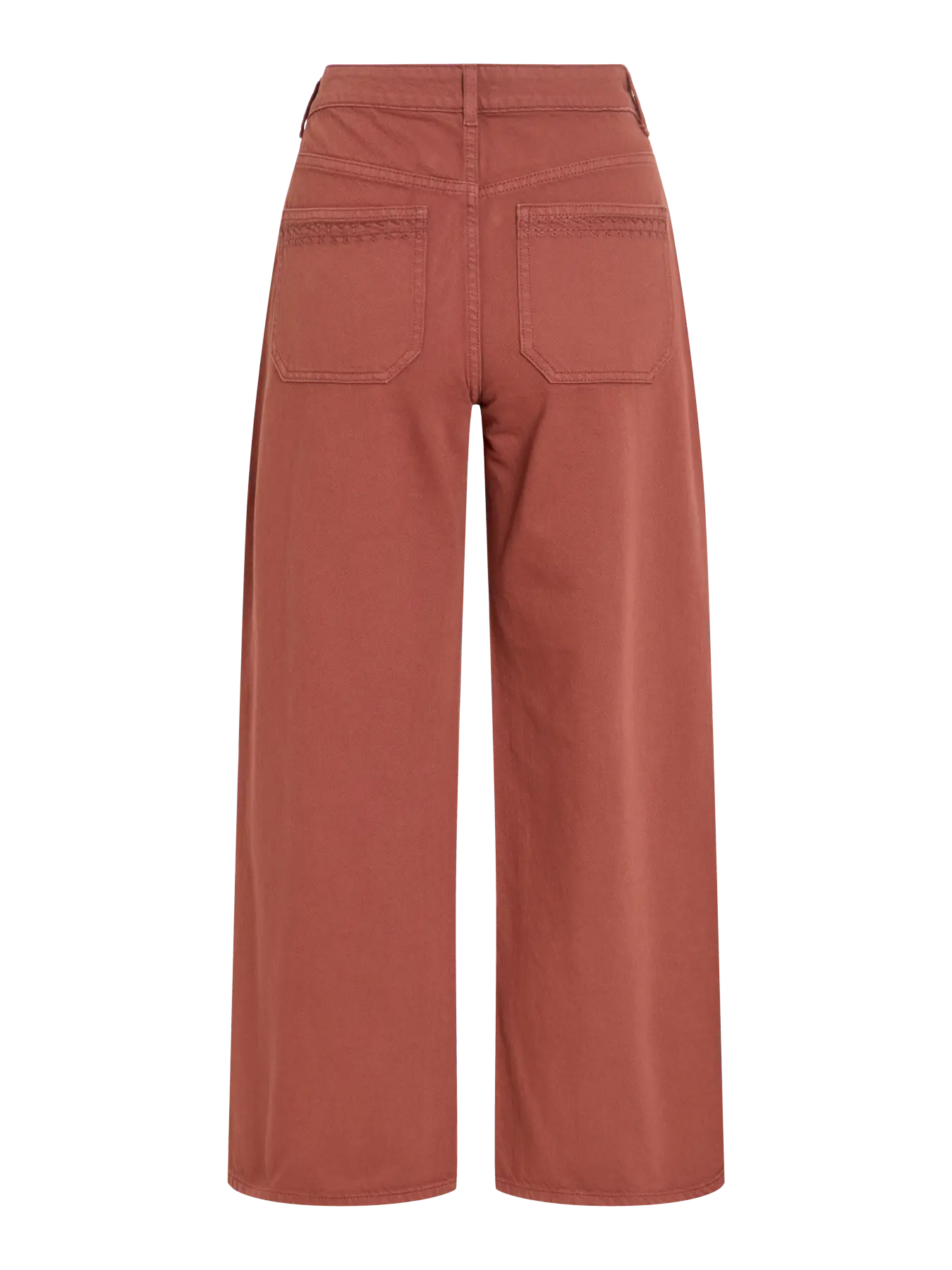 Pantalón vaquero teja de mujer Vila de tiro alto y pierna ancha, vista trasera con bolsillos de parche y costuras decorativas