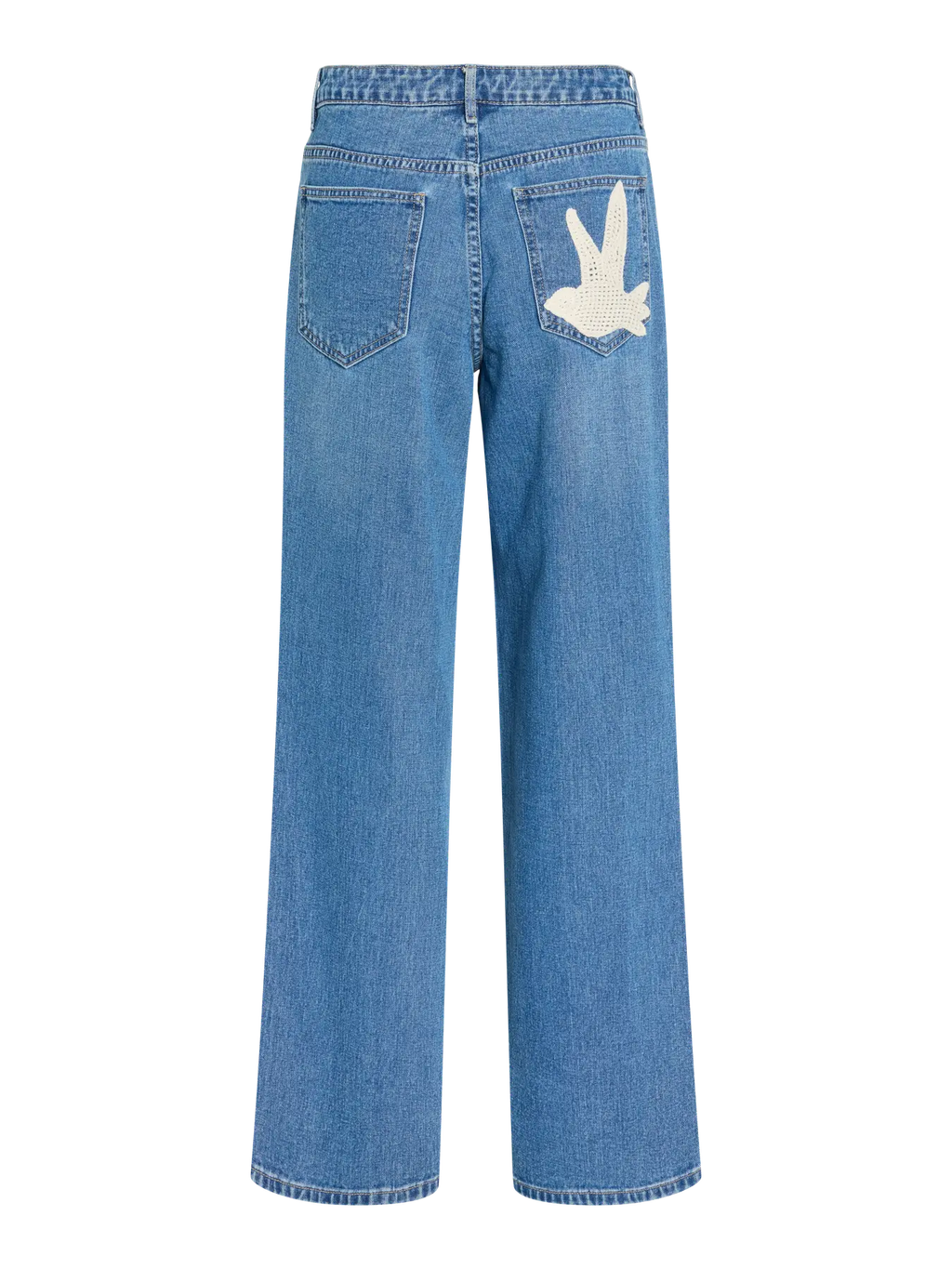 Jeans de mujer wide leg en denim azul con pájaro en bolsillo trasero de VILA