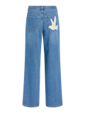 Jeans de mujer wide leg en denim azul con pájaro en bolsillo trasero de VILA