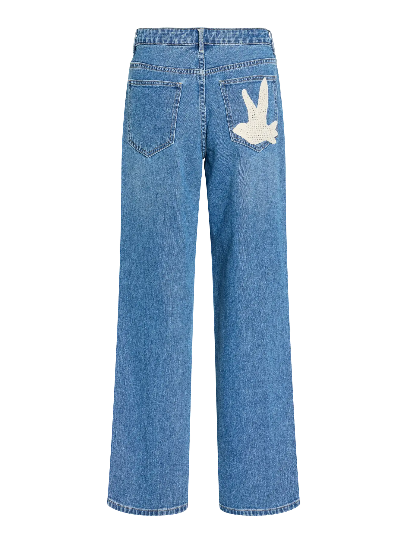 Jeans de mujer wide leg en denim azul con pájaro en bolsillo trasero de VILA