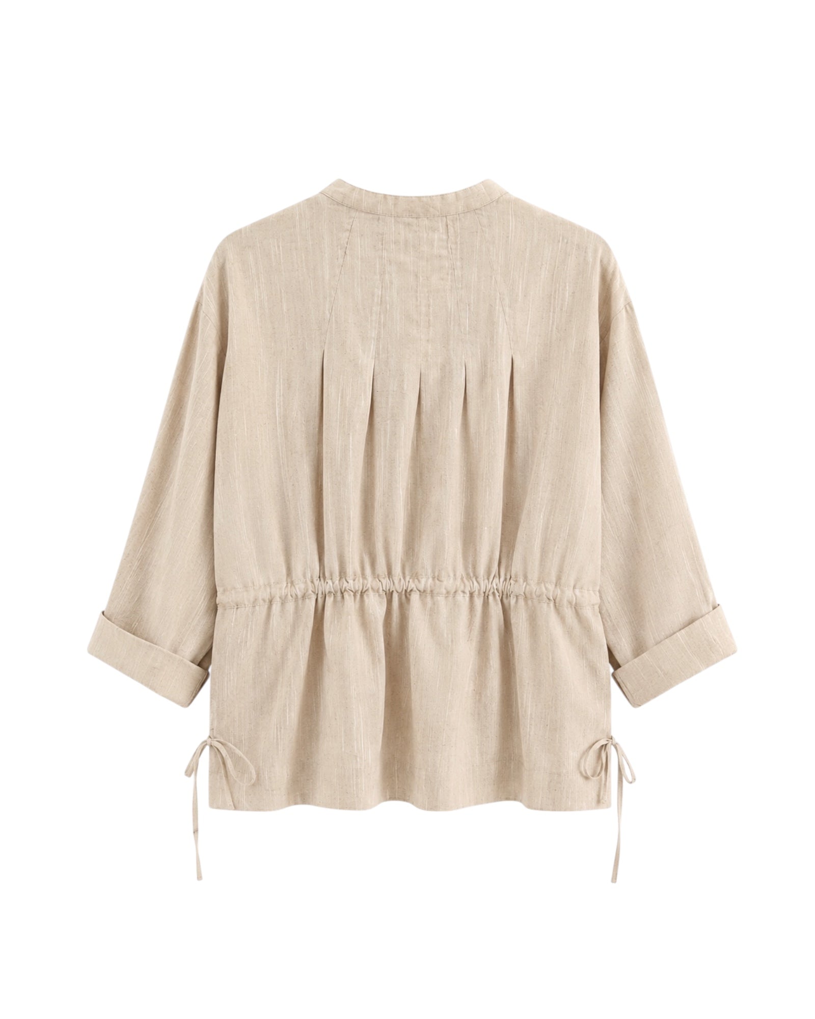 Sobrecamisa Arlet beige de lino para mujer. frunce trasero