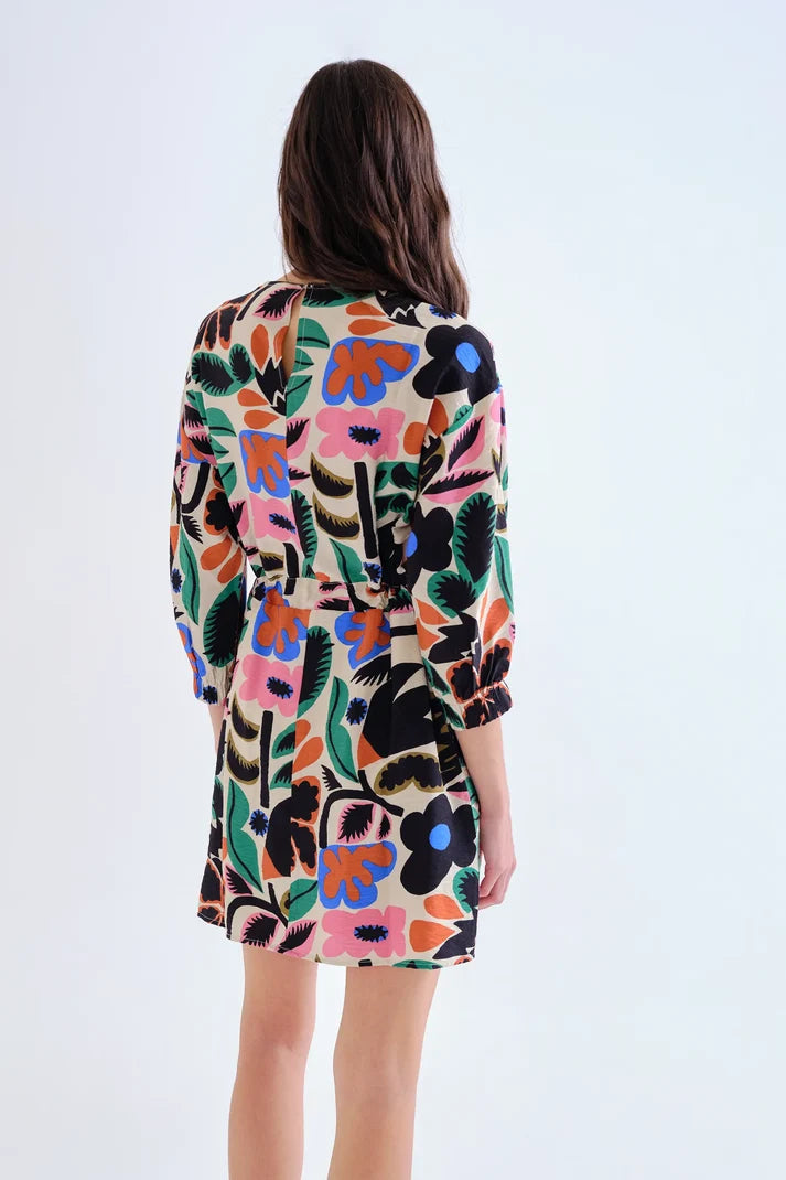 Vestido floral Neo Garden con cuello redondo, manga larga y cintura ajustable con lazada