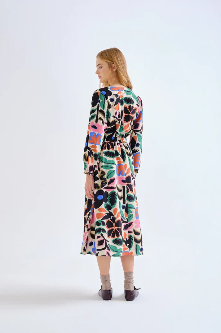 Vestido midi floral Neo Garden con cintura elástica de tiro alto y caída fluida